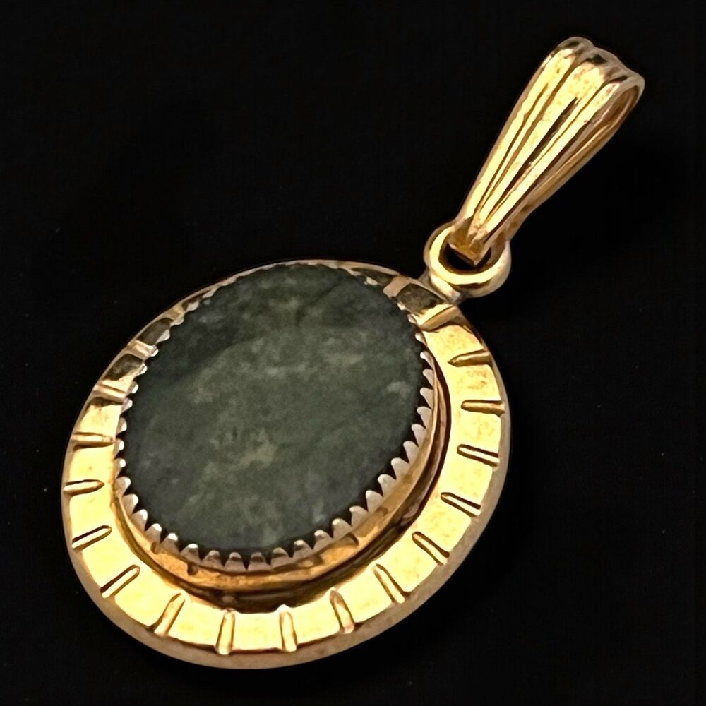 Vintage 1950s Jade Cabochon Pendant Gold Filled Textured Frame Mid Century - 7S